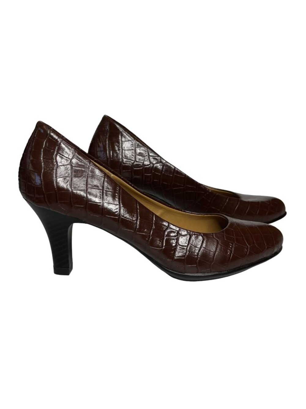 Merona Pumps Heels Shoes Womens Size 5.5 Brown Faux Leather Croc Print Career